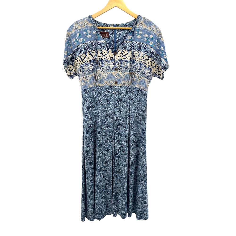 Lisa II LTD Boho Patchwork Floral Maxi Dress Blue Mixed Print Short Sleeve 90s M